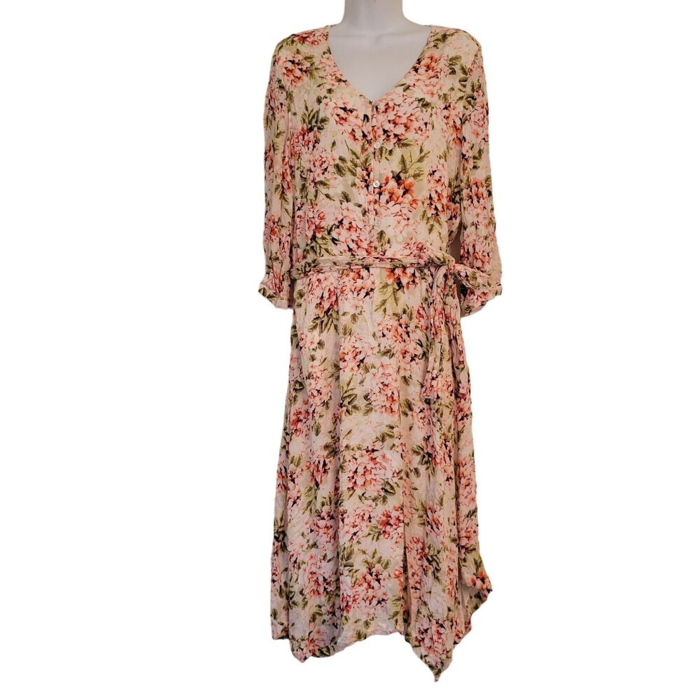 J Jill Floral Midi Belted Dress M Pink Green V Neck Rayon Dainty Feminine Easter